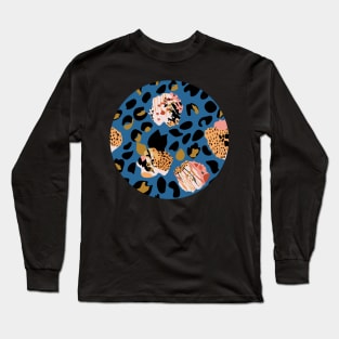 Modern abstract rose and leopard texture blue Long Sleeve T-Shirt